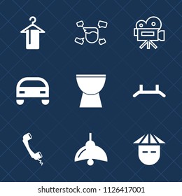 Premium set of outline, fill vector icons. Such as instrument, sound, hanger, movie, automotive, retro, concert, communication, male, vintage, tripod, camera, shop, hang, casual, bulb, up, car, video