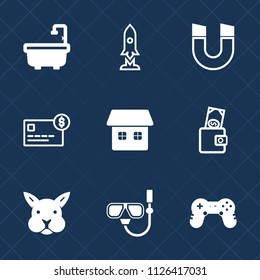 Premium set of outline, fill vector icons. Such as south, home, magnet, animal, business, house, snorkel, bunny, water, shower, north, science, dollar, bathroom, purse, satellite, joystick, balance