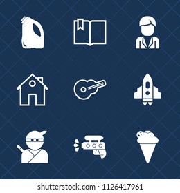 Premium set of outline, fill vector icons. Such as garbage, samurai, craft, container, click, dessert, spaceship, home, gun, book, water, cream, young, male, real, weapon, rocket, sweet, technology