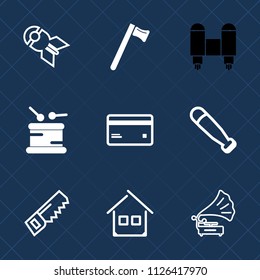 Premium set of outline, fill vector icons. Such as space, home, gramophone, plastic, spanner, money, sport, wood, debit, musical, equipment, house, music, repair, rocket, tool, destruction, weapon