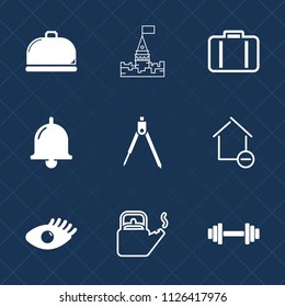 Premium set of outline, fill vector icons. Such as building, divider, face, ring, fitness, medieval, gym, removal, kitchen, equipment, architecture, kettle, alarm, plate, bag, food, beauty, instrument