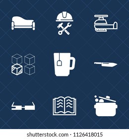 Premium set of outline, fill vector icons. Such as helmet, couch, transportation, aviation, young, kitchen, occupation, room, tea, education, sofa, builder, knife, helicopter, comfortable, book, cup