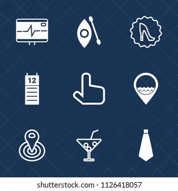 Premium set of outline, fill vector icons. Such as work, glass, tie, pointer, life, reminder, radius, agenda, lake, boots, heart, click, circle, elegance, rate, river, footwear, point, water, graphic