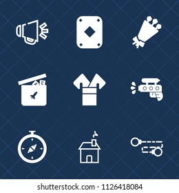 Premium set of outline, fill vector icons. Such as white, compass, sound, map, chain, summer, volume, pistol, bouquet, nature, house, estate, card, blossom, loud, building, audio, toy, gambling, water