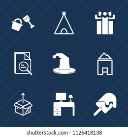 Premium set of outline, fill vector icons. Such as cardboard, sweet, adventure, desk, unpacking, white, gift, ice, cream, business, summer, bucket, shovel, present, holiday, box, nature, landscape