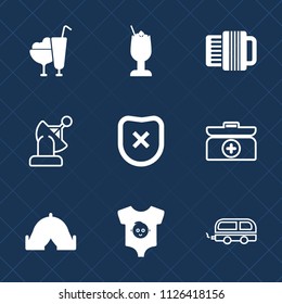 Premium Set Of Outline, Fill Vector Icons. Such As Transportation, Party, Lemon, Travel, Satellite, Emergency, Clothes, Camp, Bar, Food, Clothing, Box, Music, Transport, Aid, Accordion, Bus, Cross