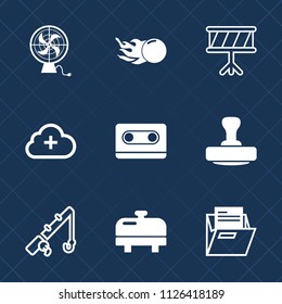 Premium set of outline, fill vector icons. Such as sign, equipment, cloud, audio, internet, star, retro, comet, fishing, cassette, blank, mark, sound, fish, rod, folder, file, cooling, stamp, water