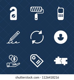Premium set of outline, fill vector icons. Such as motel, repair, privacy, door, digital, roller, technology, service, stationary, communication, dollar, arrow, sale, pen, paintbrush, finance, hand