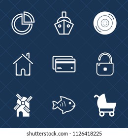 Premium set of outline, fill vector icons. Such as card, cargo, graphic, chart, graph, debit, pie, architecture, sea, stroller, mill, business, diagram, baby, sign, boat, pram, home, power, carriage