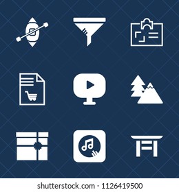 Premium set of outline, fill vector icons. Such as shopping, torii, document, tree, service, transportation, yacht, air, landscape, notebook, id, repair, media, sailboat, change, list, ship, note, box
