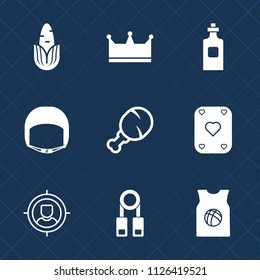 Premium set of outline, fill vector icons. Such as training, king, fresh, food, belt, sign, play, corn, worker, chicken, alcohol, bottle, work, organic, target, concept, equipment, customer, liquid