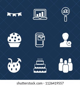 Premium set of outline, fill vector icons. Such as data, flag, sport, sweet, juice, account, pie, phone, summer, event, laptop, dessert, decoration, email, mail, person, add, human, business, search