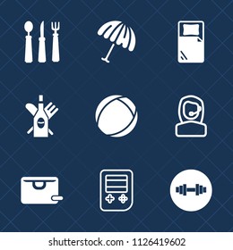 Premium set of outline, fill vector icons. Such as red, parasol, drink, , open, room, travel, fitness, restaurant, knife, wineglass, headset, bag, gym, glass, spoon, business, office, call, button