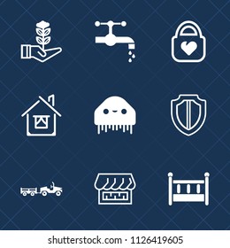 Premium set of outline, fill vector icons. Such as growth, bag, space, style, object, fashion, water, architecture, ufo, building, house, delivery, protection, baby, curtain, clean, child, faucet, tap