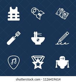 Premium set of outline, fill vector icons. Such as hand, bowl, kitchen, noodle, bomb, pencil, write, explosion, technology, safety, boat, nuclear, sea, map, military, location, pen, war, musical, pan