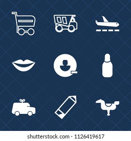 Premium set of outline, fill vector icons. Such as bowling, plane, basket, truck, dumper, lorry, lips, buy, female, supermarket, travel, vehicle, play, sport, market, store, car, kid, shop, tipper