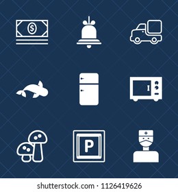 Premium set of outline, fill vector icons. Such as medical, lorry, notification, finance, food, doctor, microwave, cash, vehicle, call, street, nature, bell, concept, fridge, truck, oven, mushroom
