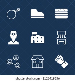 Premium set of outline, fill vector icons. Such as building, food, fashion, dentist, people, attack, war, room, military, white, human, explosive, explosion, hamburger, burger, finger, clinic, chair