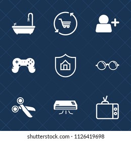 Premium set of outline, fill vector icons. Such as gaming, protect, eyeglasses, internet, conditioning, glasses, play, business, user, tv, toilet, screen, television, sign, trolley, cut, shower, air