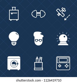 Premium set of outline, fill vector icons. Such as style, wash, exercise, button, technology, housework, hipster, fit, bulb, physical, box, bag, tourism, vacation, healthy, education, tourist, sorcery