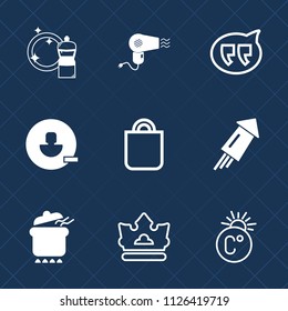 Premium set of outline, fill vector icons. Such as dinner, barber, cleaner, celebration, remove, avatar, royal, present, crown, chat, holiday, queen, account, firework, message, festival, food, clean
