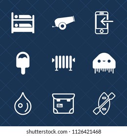Premium set of outline, fill vector icons. Such as hostel, hotel, monster, smartphone, ufo, weapon, business, boat, transfer, cannon, water, mobile, alien, heater, money, internet, food, room, fiction