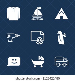 Premium set of outline, fill vector icons. Such as bus, wind, award, child, stroller, tent, left, face, style, kid, diploma, outdoor, highway, water, adventure, penguin, clothing, sport, travel, baby