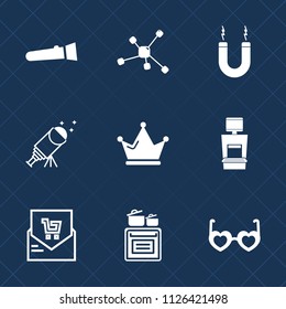 Premium set of outline, fill vector icons. Such as molecule, kitchen, night, sign, astronomy, glasses, receipt, sky, magnetic, horseshoe, king, sunglasses, list, style, bright, royal, fashion, machine