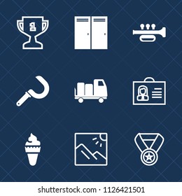Premium set of outline, fill vector icons. Such as internet, success, prize, agriculture, achievement, truck, photo, landscape, trumpet, champion, scenery, profile, farming, award, food, winner, home