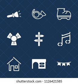 Premium set of outline, fill vector icons. Such as electric, desk, roller, bugle, flag, note, way, architecture, musical, trumpet, cooler, happy, jazz, lifestyle, table, direction, home, celebration