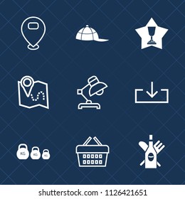 Premium set of outline, fill vector icons. Such as home, sale, store, glass, road, hat, achievement, web, wine, winner, first, map, weight, ribbon, alcohol, competition, cap, travel, pin, interior