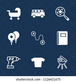 Premium set of outline, fill vector icons. Such as book, notebook, point, decoration, baby, celebration, kid, clothing, look, bbq, find, paper, barbecue, work, machine, traffic, position, map, search