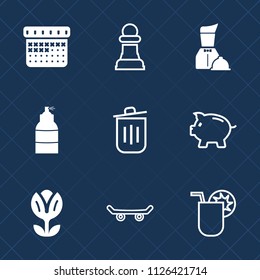 Premium set of outline, fill vector icons. Such as garbage, piece, skater, bin, game, finance, chessboard, board, schedule, calendar, extreme, time, chess, waiter, event, money, trash, cocktail, paint