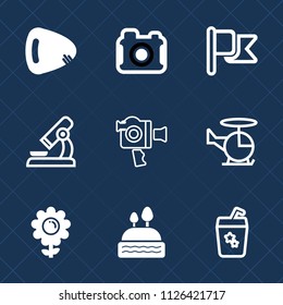 Premium set of outline, fill vector icons. Such as transportation, musical, sweet, nation, camera, flower, technology, instrument, photographer, america, dessert, microscope, flag, guitar, floral, air