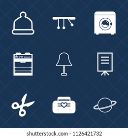 Premium set of outline, fill vector icons. Such as head, hat, space, illumination, object, fashion, laundry, lamp, appliance, interior, electric, sign, tool, clothes, orbit, astronomy, housework, oven