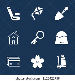 Premium set of outline, fill vector icons. Such as competition, security, shipping, key, team, competitive, kite, home, plastic, house, background, flower, summer, transportation, champion, cargo, hat