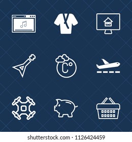 Premium set of outline, fill vector icons. Such as coin, beauty, money, bank, technology, market, fashion, bathrobe, temperature, internet, clothing, store, concert, music, airplane, buy, drone, real