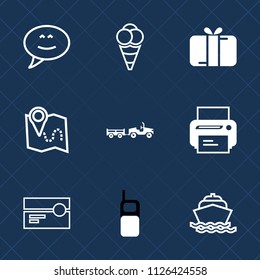 Premium set of outline, fill vector icons. Such as telephone, phone, map, dialog, ocean, bubble, dessert, location, gift, food, cassette, celebration, old, ice, stereo, mobile, pin, tape, shipping