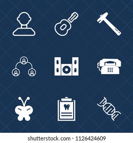 Premium set of outline, fill vector icons. Such as person, technology, beauty, hammer, music, profile, social, guitar, white, dna, home, rock, cinema, spanner, hierarchy, dental, structure, phone, man