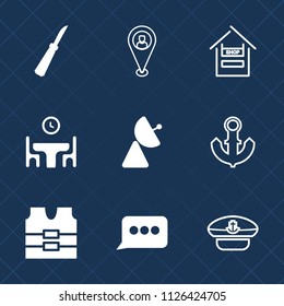 Premium set of outline, fill vector icons. Such as travel, equipment, protective, jacket, antenna, anchor, table, sign, grocery, nautical, supermarket, captain, safety, vest, radio, navy, ship, map