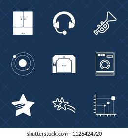 Premium set of outline, fill vector icons. Such as instrument, wardrobe, equipment, jazz, business, appliance, orchestra, headphone, diagram, sound, listen, speaker, machine, audio, elevator, earth