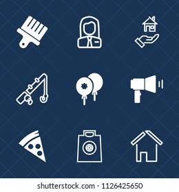 Premium set of outline, fill vector icons. Such as employer, paintbrush, reel, building, rent, fishing, stroke, fish, rod, employee, real, drawing, celebration, sport, white, art, people, food, office