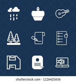 Premium set of outline, fill vector icons. Such as cookie, musical, identity, computer, online, chocolate, day, cupcake, environment, real, white, sweet, autumn, pen, forest, landscape, call, weather