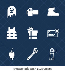 Premium set of outline, fill vector icons. Such as photo, balance, credit, gift, style, monster, leather, sea, package, extraterrestrial, spanner, technology, ufo, light, safety, creature, fiction