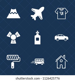 Premium set of outline, fill vector icons. Such as volcano, transportation, road, tool, direction, lava, airplane, typography, bus, highway, transport, mountain, estate, bottle, aviation, beverage