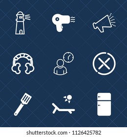 Premium set of outline, fill vector icons. Such as cancel, light, technology, voice, sunny, audio, coast, loudspeaker, work, time, beacon, navigation, no, stop, water, cooking, sky, summer, ocean, sea