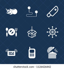 Premium set of outline, fill vector icons. Such as spoon, point, message, food, black, tool, meat, location, navigation, web, helm, nautical, telephone, cook, comet, direction, place, plate, star, old