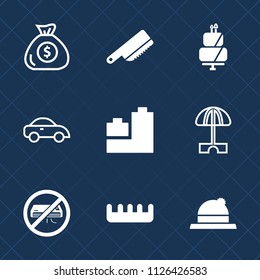 Premium set of outline, fill vector icons. Such as vehicle, play, bank, comb, sun, cake, investment, hat, transportation, umbrella, food, bear, toy, finance, dessert, currency, fashion, ball, knife