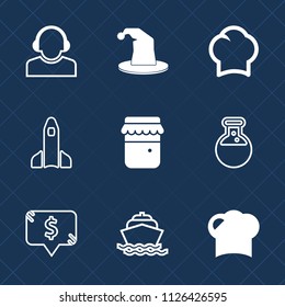Premium set of outline, fill vector icons. Such as space, cook, help, launch, support, communication, operator, boat, restaurant, shuttle, circus, chef, jam, fun, yacht, magician, business, tool, team