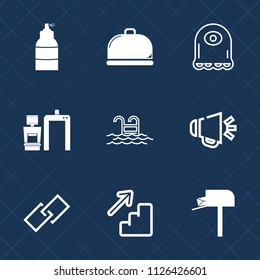 Premium set of outline, fill vector icons. Such as alien, silhouette, art, post, service, cartoon, dish, spray, machine, plate, link, downstairs, xray, monster, medical, mail, paint, water, scan, blue